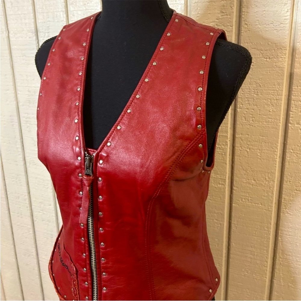 HARLEY-DAVIDSON | Red Genuine Leather Moto Studded Zip Up Women’s Vest Sz Large - Picture 4 of 15